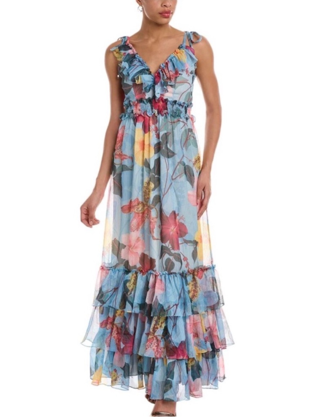 Patbo Hibiscus Ruffle Maxi Dress feminine floral